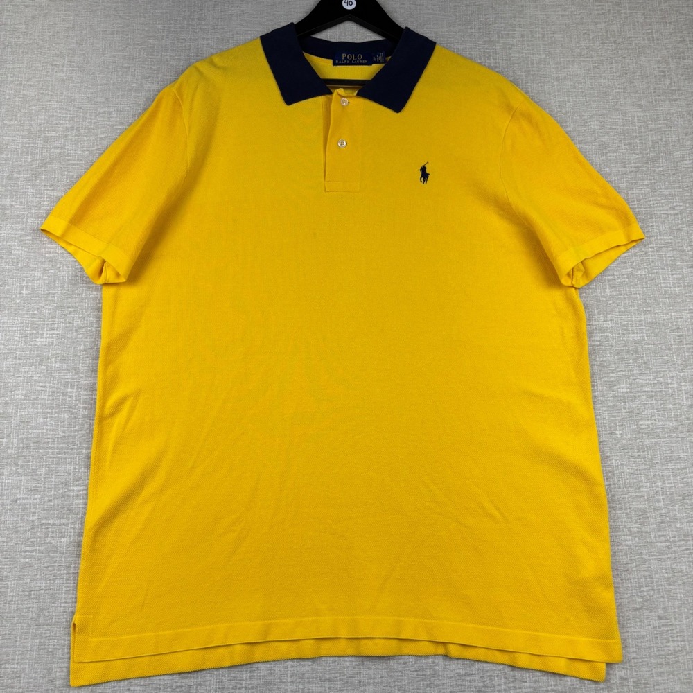 Polo Ralph Lauren Mens XL Yellow Navy Blue Collar Cotton Pique Short Sleeve Polo